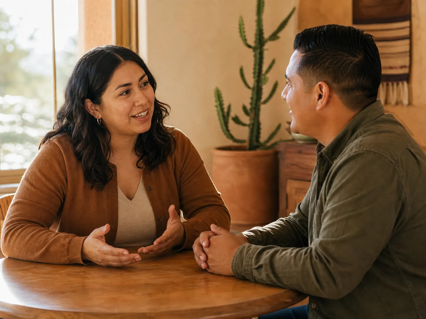 Two adults having a calm conversation in a sunlit room.