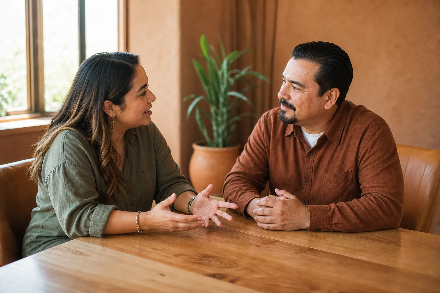 Two people talking together at a table.